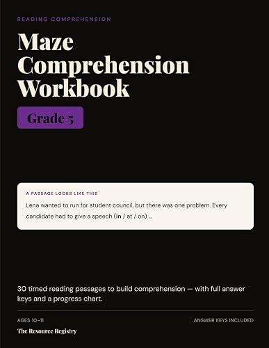 Cover: Maze Comprehension Workbook, Grade 5: 30 Timed Reading-Comprehension Passages with Answer Keys | Reading Fluency & Benchmark Practice for 5th Grade