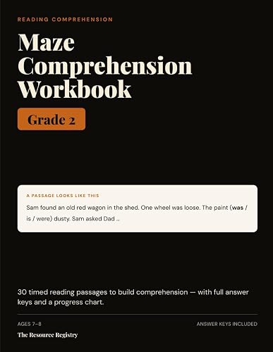 Cover: Maze Comprehension Workbook, Grade 2: 30 Timed Reading-Comprehension Passages with Answer Keys | Reading Fluency & Benchmark Practice for 2nd Grade