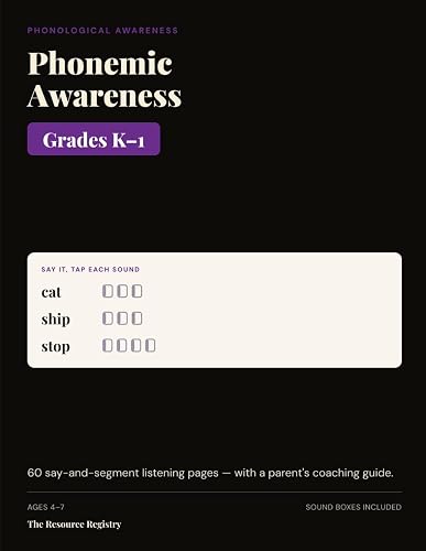 Cover: Phonemic Awareness Workbook, Grades K-1: 60 Say-and-Segment Listening Pages with Sound Boxes & a Parent's Guide | Sound Segmenting Practice for Kindergarten & First Grade