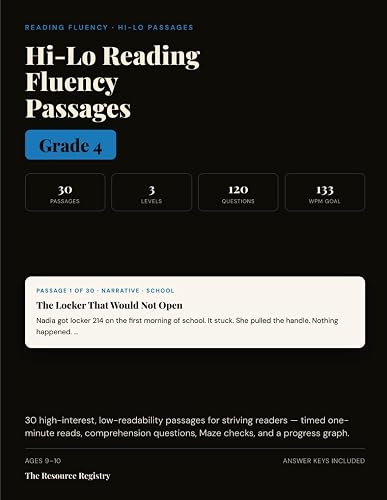 Cover: Hi-Lo Reading Fluency Passages, Grade 4: 30 High-Interest, Low-Readability Passages for Struggling Readers | Timed One-Minute Reads, Comprehension Questions, Maze Checks & Progress Graph for 4th Grade