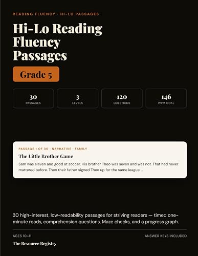 Cover: Hi-Lo Reading Fluency Passages, Grade 5: 30 High-Interest, Low-Readability Passages for Struggling Readers | Timed One-Minute Reads, Comprehension Questions, Maze Checks & Progress Graph for 5th Grade
