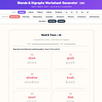 Blends & Digraphs Worksheet Generator | FREE Sample| K-2 Phonics