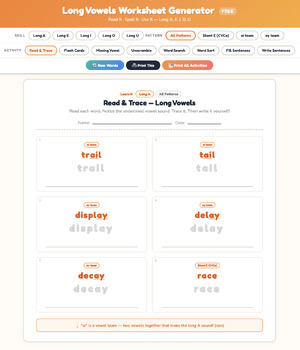 Long Vowels Worksheet Generator | FREE sample | K-2 Phonics