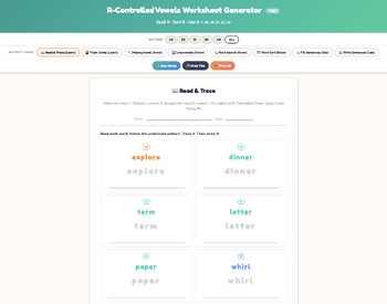 R-Controlled Vowels Worksheet Generator | FREE Sample| K-2 Phonics