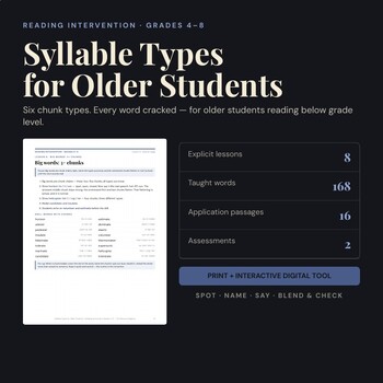 Reading Intervention Middle School | Syllable Types Phonics + Audio | G4-8