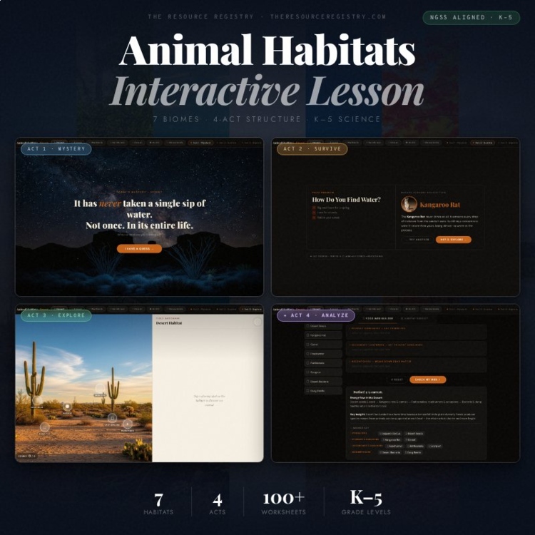 Animal Habitats Interactive Lesson — four-act lesson screenshots