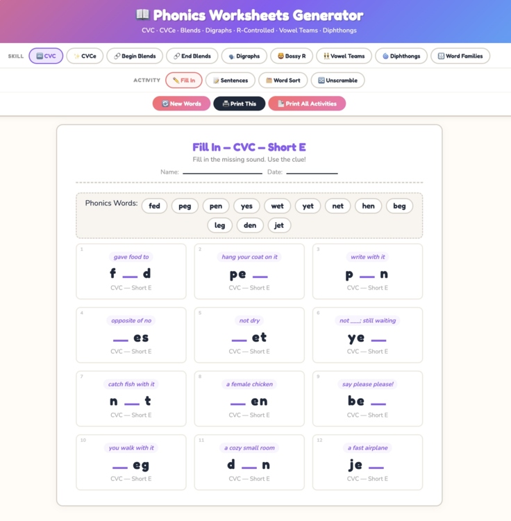 Free Phonics Worksheets Generator