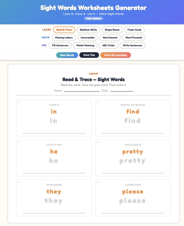 FREE Sight Words Worksheets Generator — 80 Dolch Words