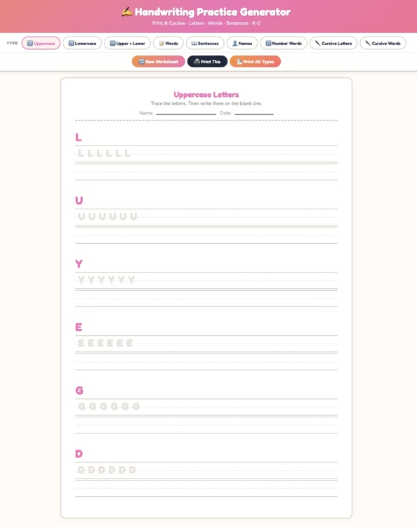 Handwriting Practice Worksheet Generator