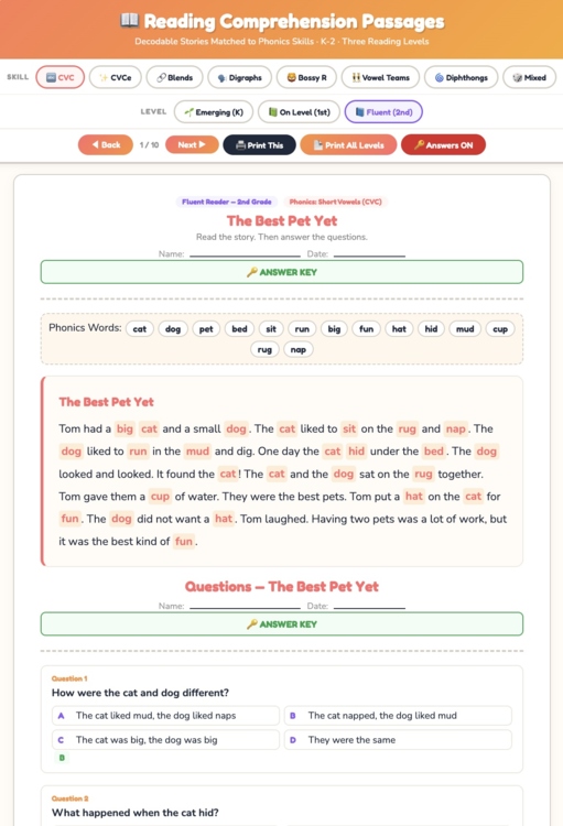 K-2 Reading Comprehension Passages Generator