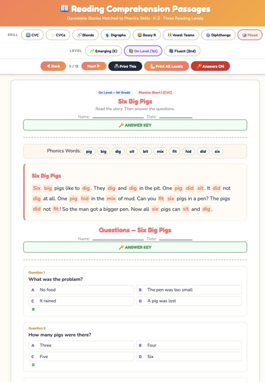 K-2 Reading Comprehension Passages Generator
