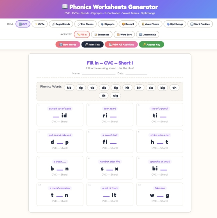 Phonics Worksheet Generator PREMIUM