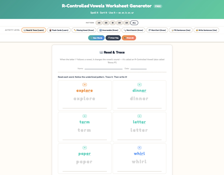 R-Controlled Vowels Worksheet Generator