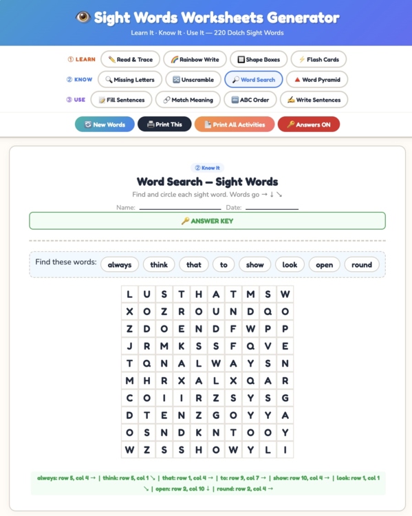 Sight Words Worksheets Generator — 220 Dolch Words