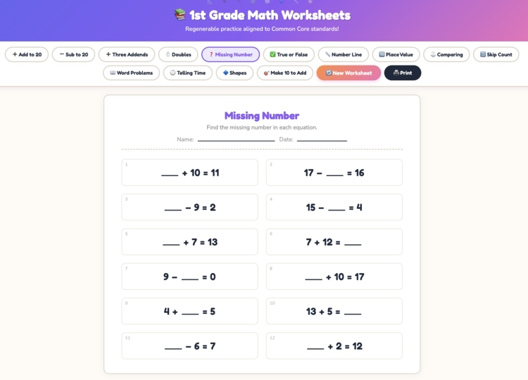 UNLIMITED 1st Grade Math Worksheets Generator