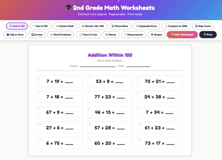 UNLIMITED 2nd Grade Math Worksheets Generator
