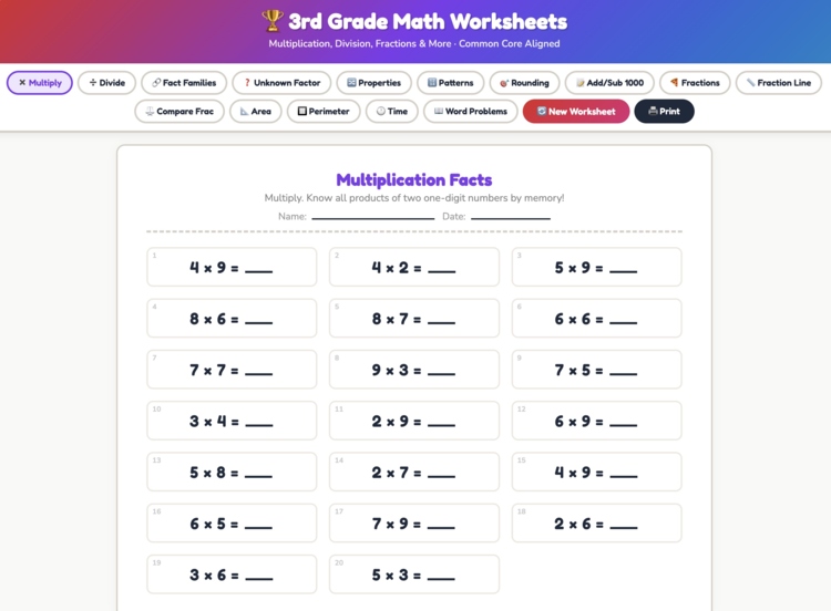 UNLIMITED 3rd Grade Math Worksheets Generator