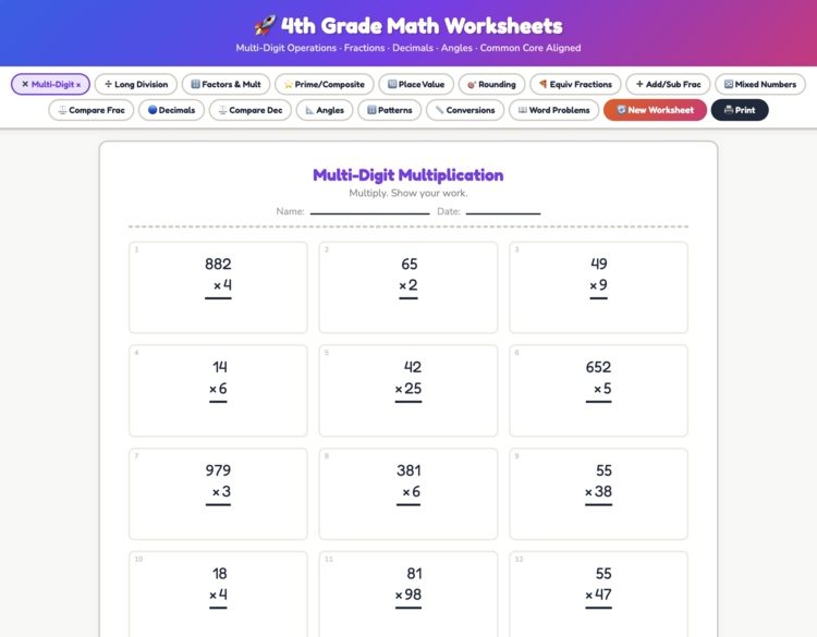 UNLIMITED 4th Grade Math Worksheets Generator