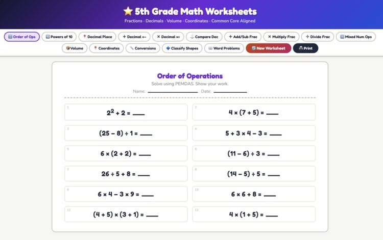 UNLIMITED 5th Grade Math Worksheets Generator