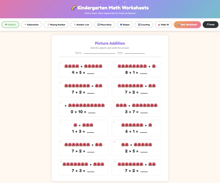 UNLIMITED Kindergarten Math Worksheets Generator
