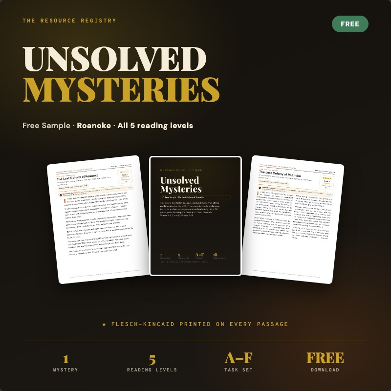 FREE Unsolved Mysteries Reading Passages — 5 Levels, Grades 4–8