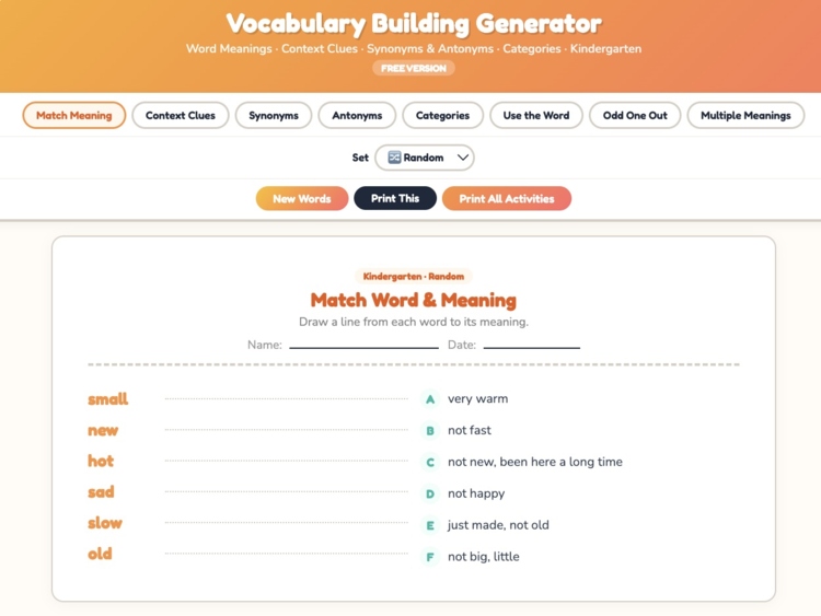 Vocabulary Building Worksheet Generator — FREE