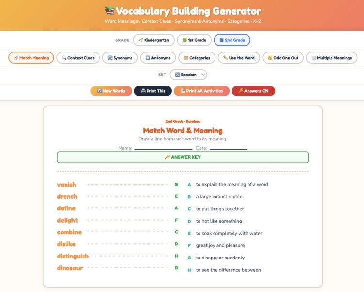 Vocabulary Building Worksheets Generator — K-2